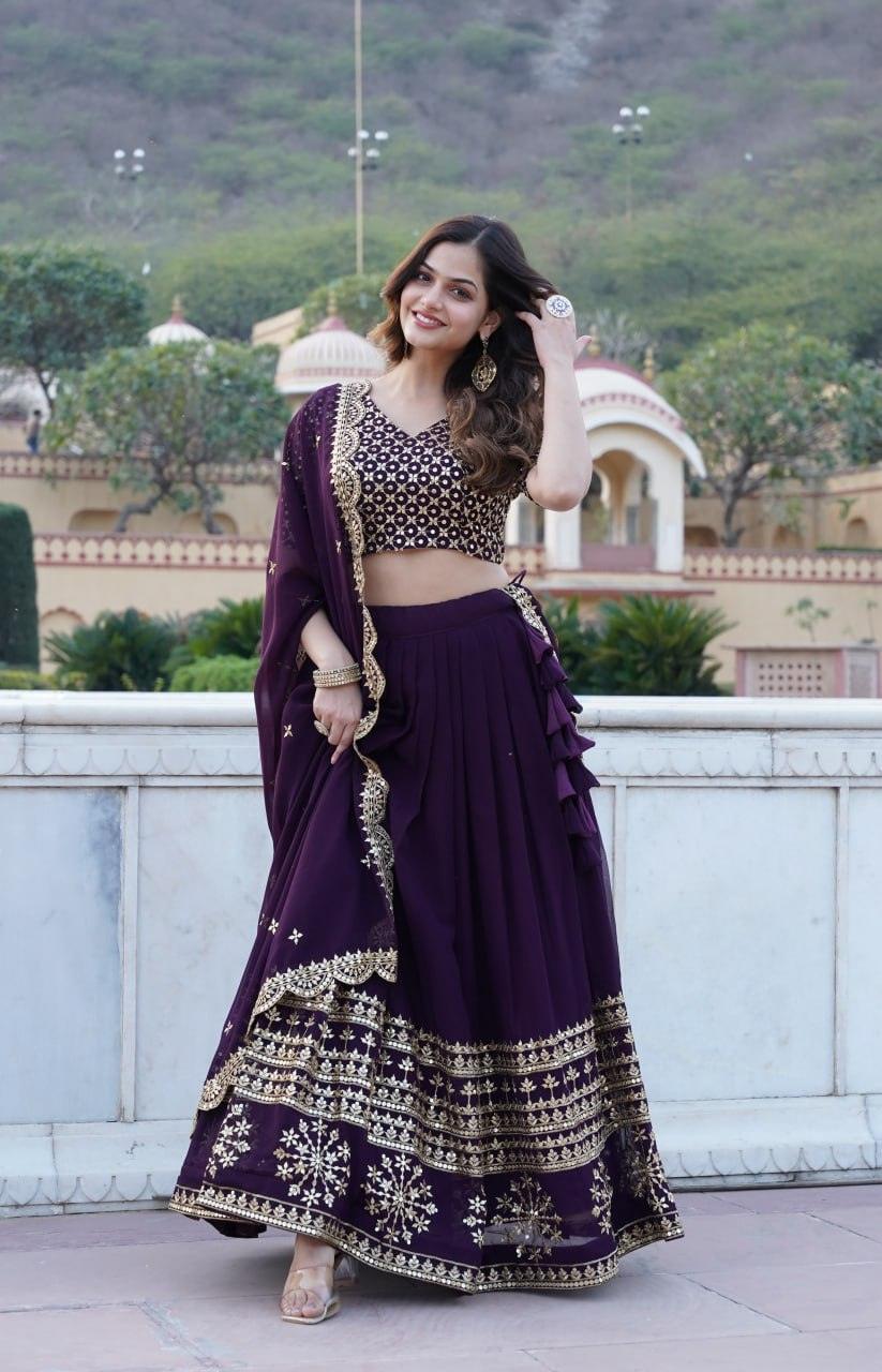 Wine color Georgette Flared Lehenga Choli with dupatta