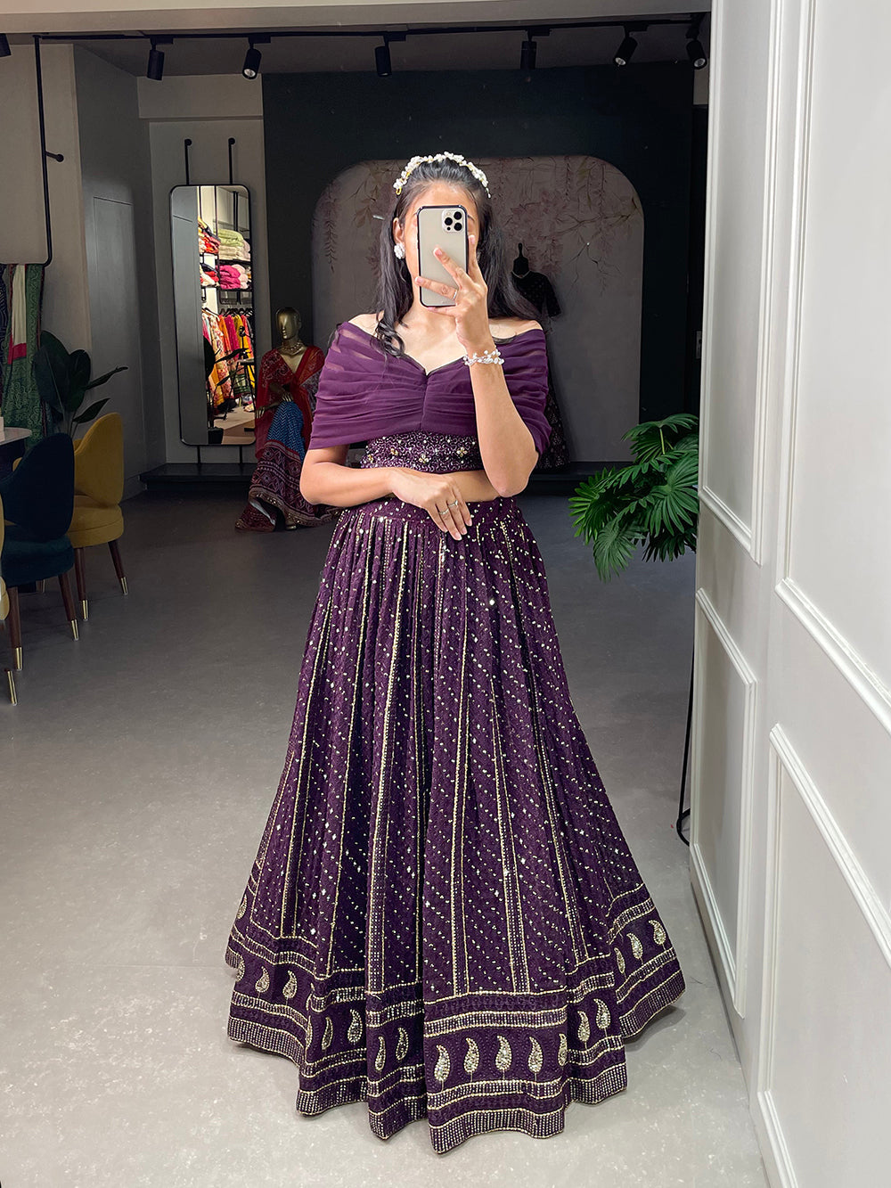 Wine Color Sequins and Embroidery Thread Work Georgette Co-Ord Set Lehenga Choli