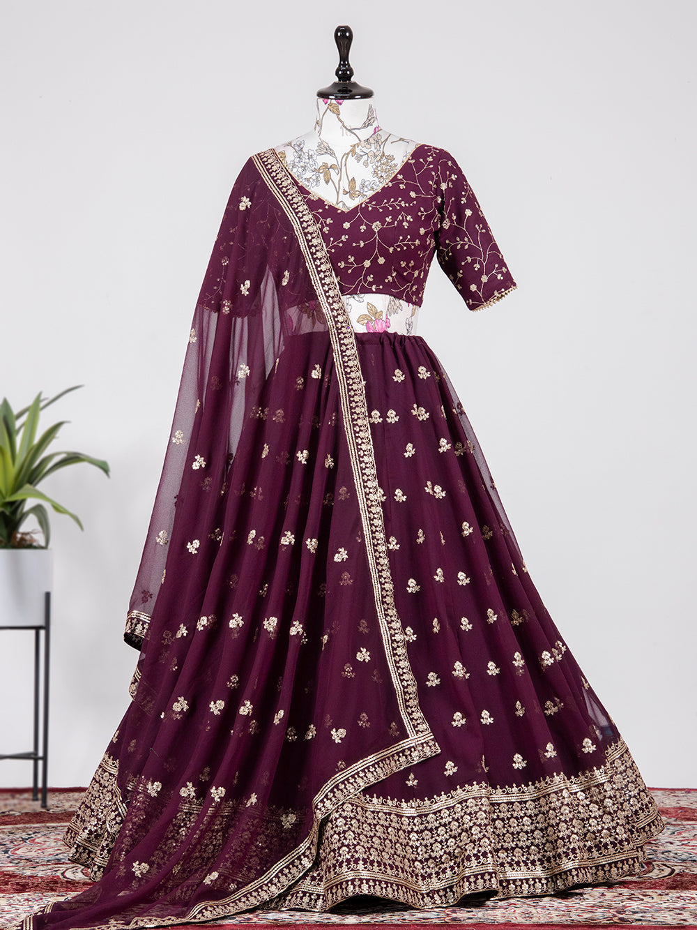 Wine Color Sequins & Embroidery Thread Work Georgette Lehenga Choli
