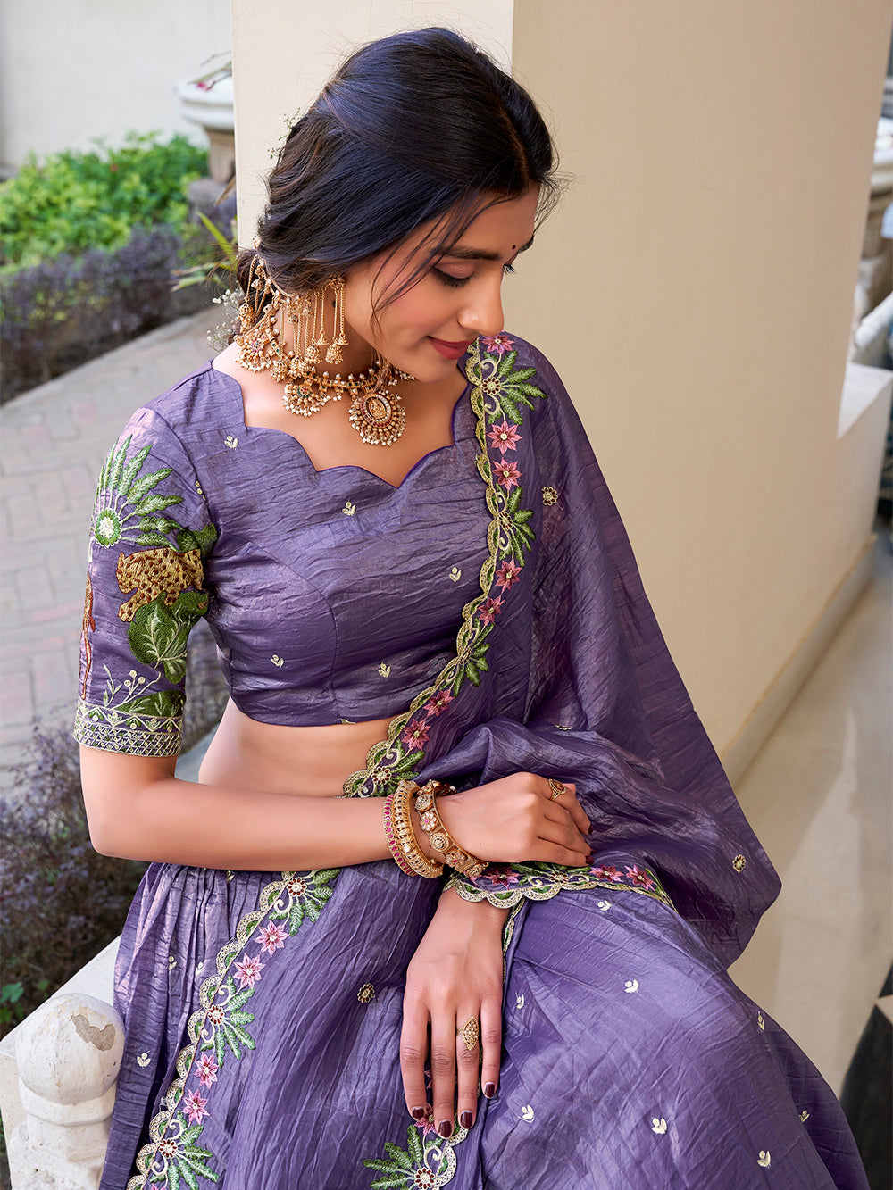Lavender color sequins and thread embroidery work gold crush lehenga choli