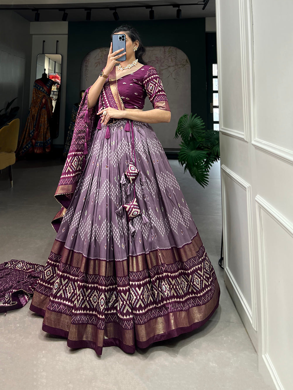 Wine Color Dot And Ikkat Print With Foil Work Tussar Silk Lehenga Choli