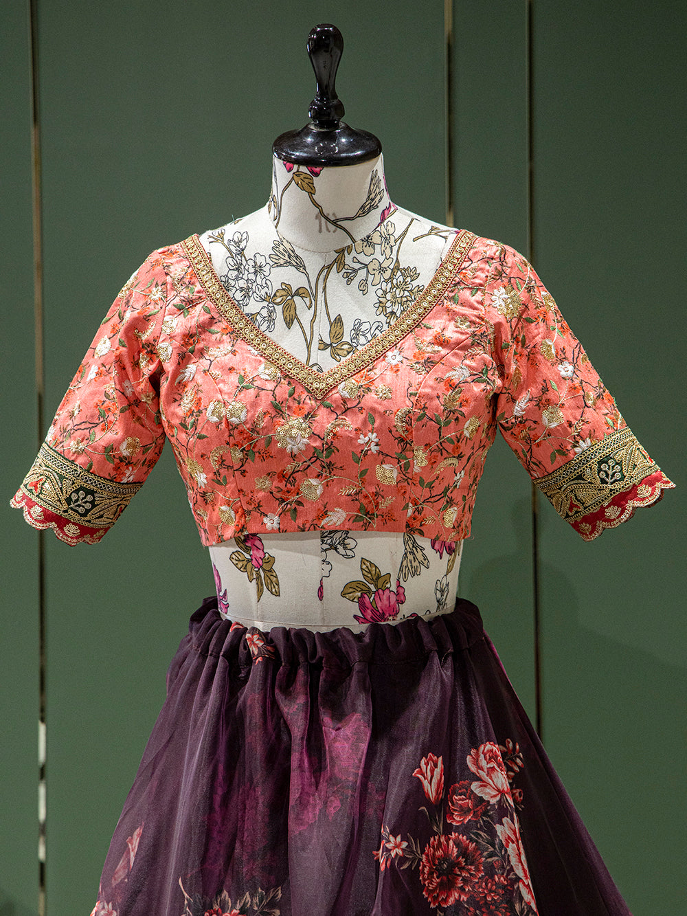 Wine Color Floral Printed Organza Lehenga Choli