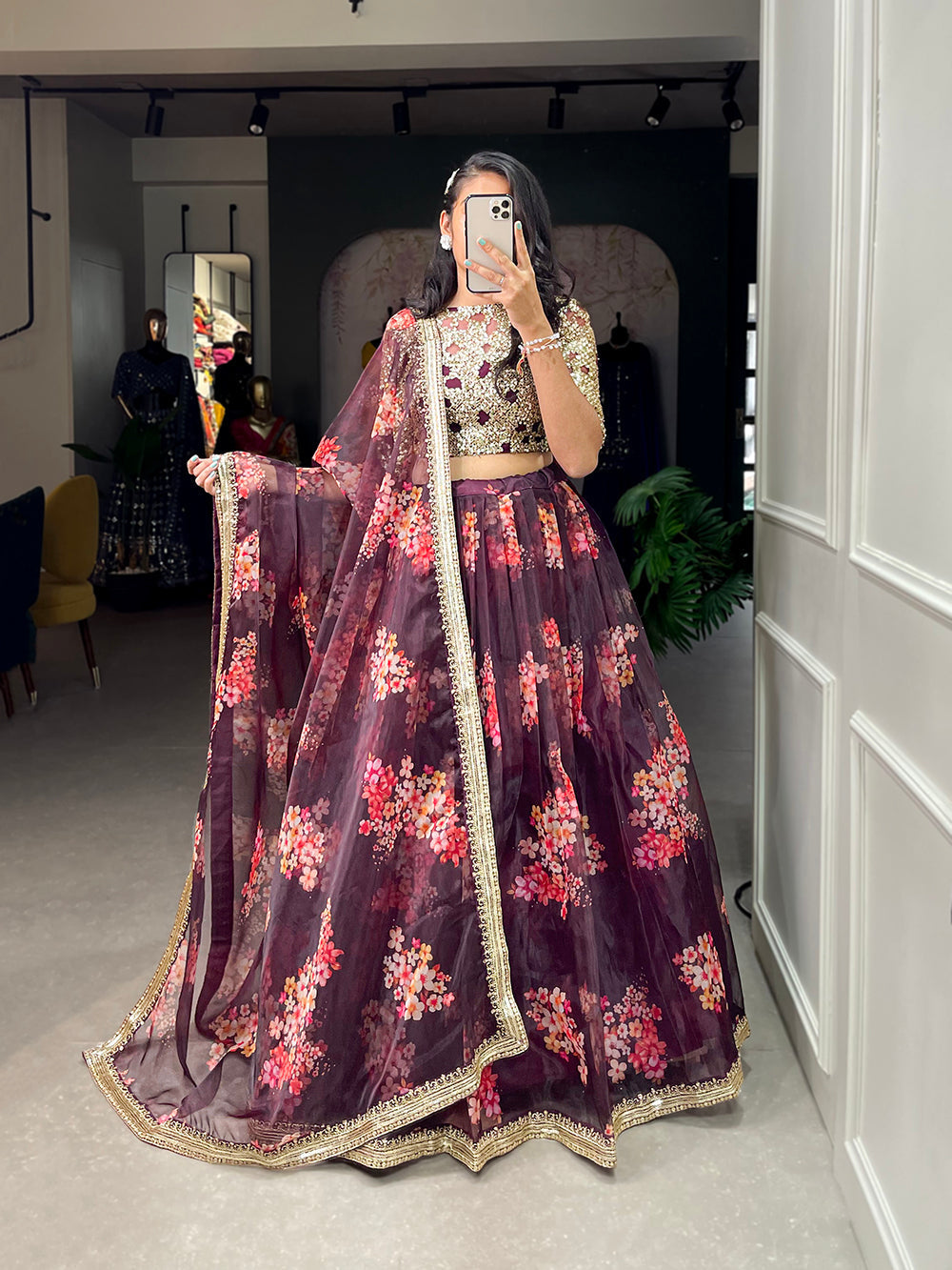 Wine Color Printed And Sequins Embroidery Lace Border Organza Lehenga Choli
