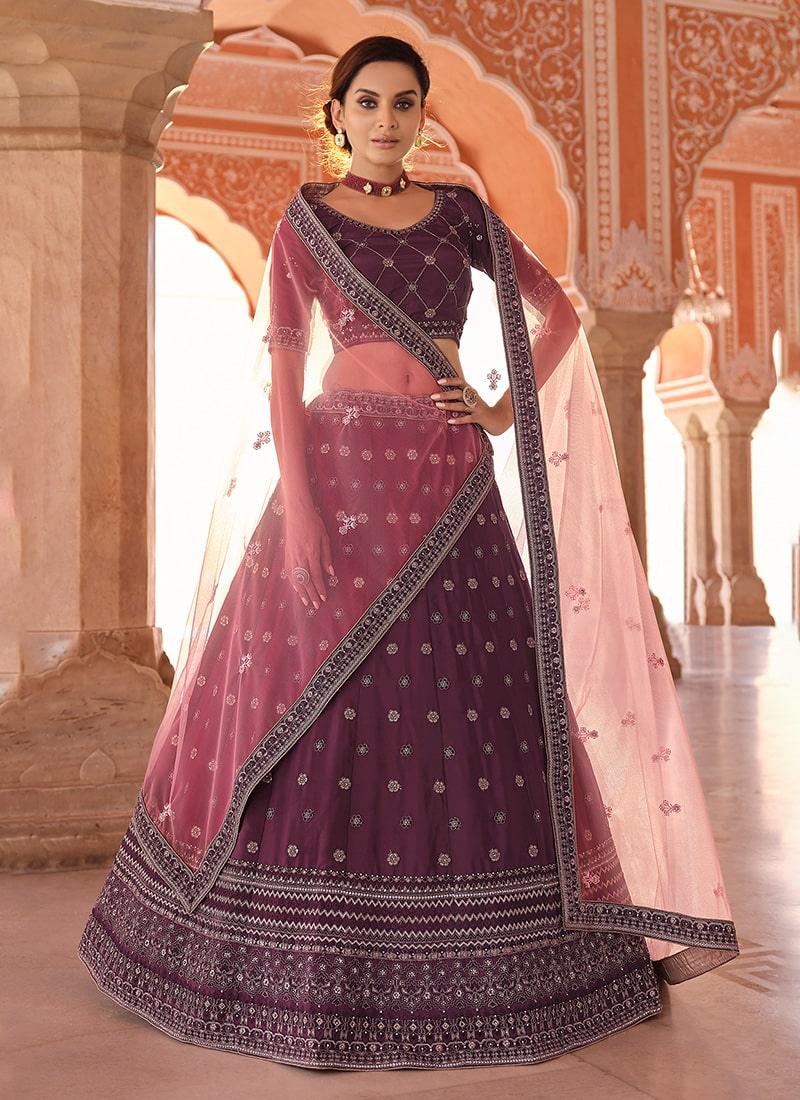 Wine Color panelled Wedding Lehenga With Thread And Zarkan Work