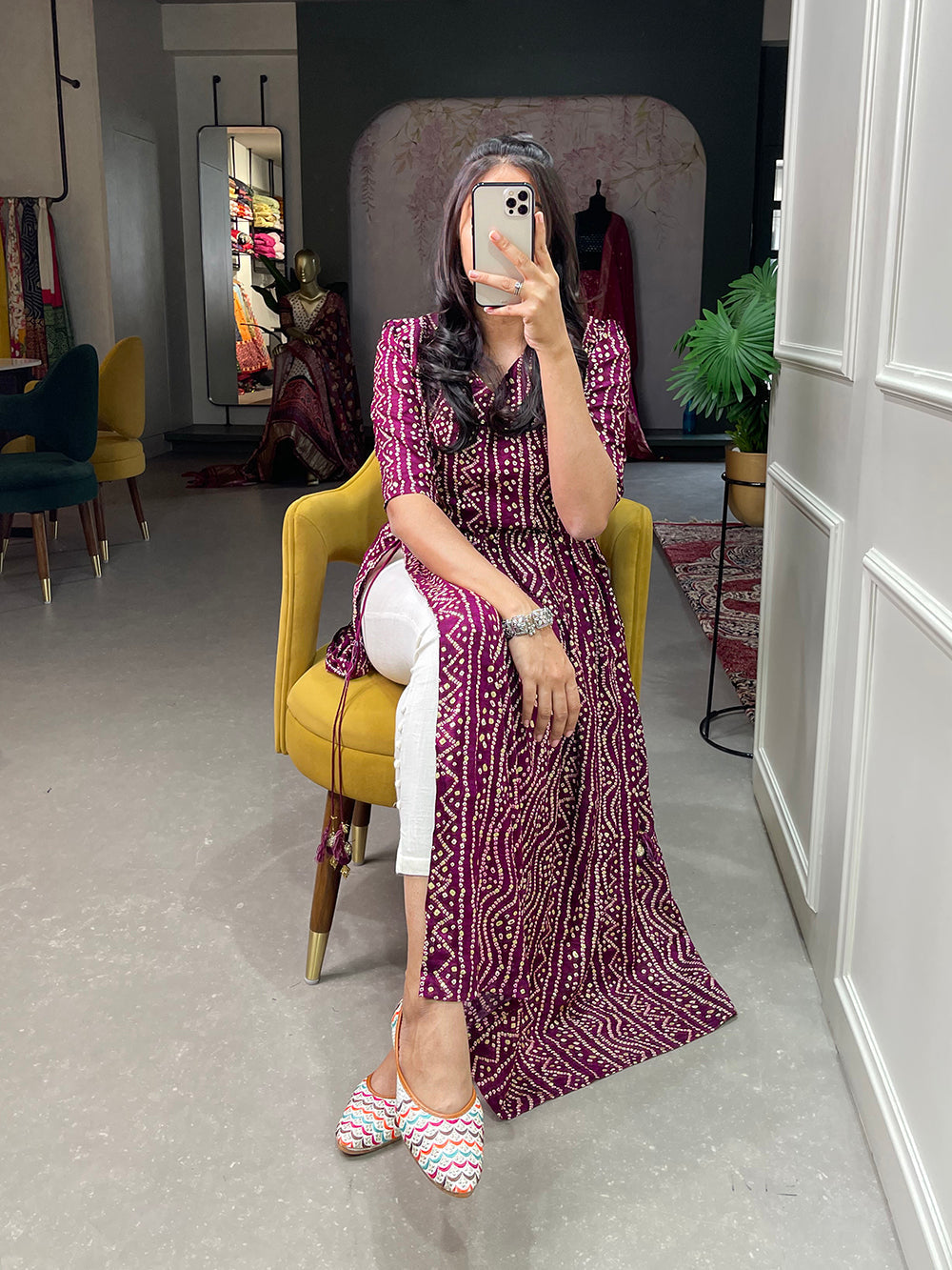 Wine Color Foil and Printed Pure Cotton Kurti