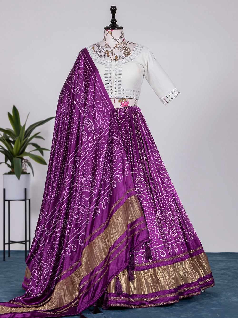 Wine Color Digital Bandhej Printed Pure Gaji Silk Lehenga Choli