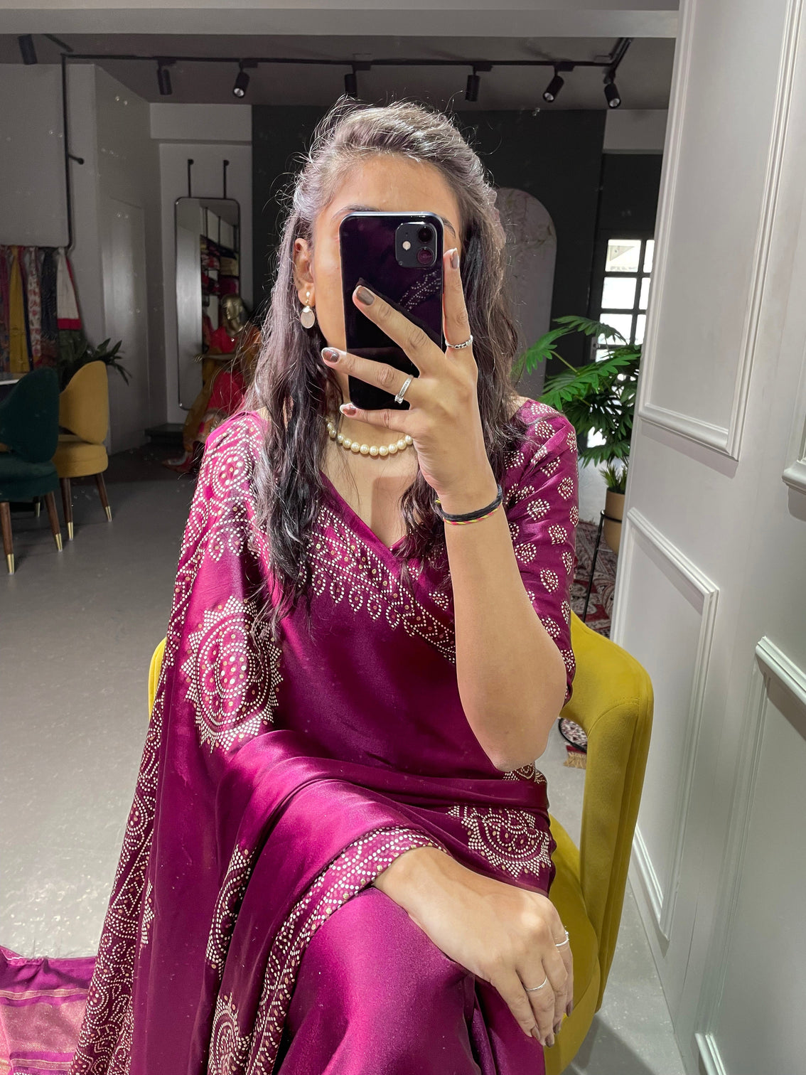 Wine Color Semi Gaji Satin Saree With Foil And Print Work