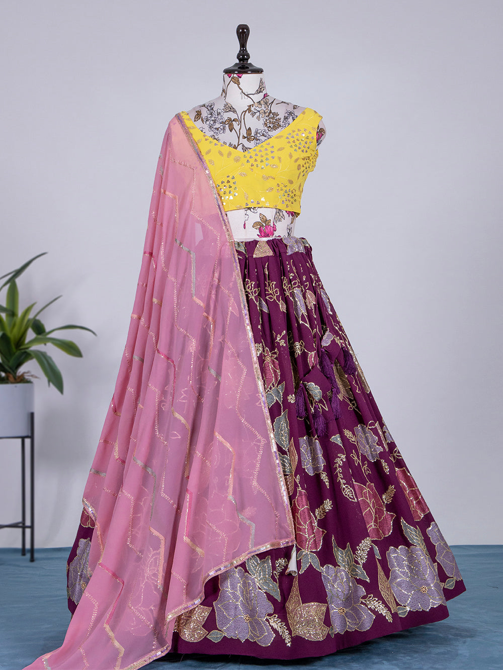 Wine Color Thread And Sequins Embroidery Work Georgette Lehenga Choli