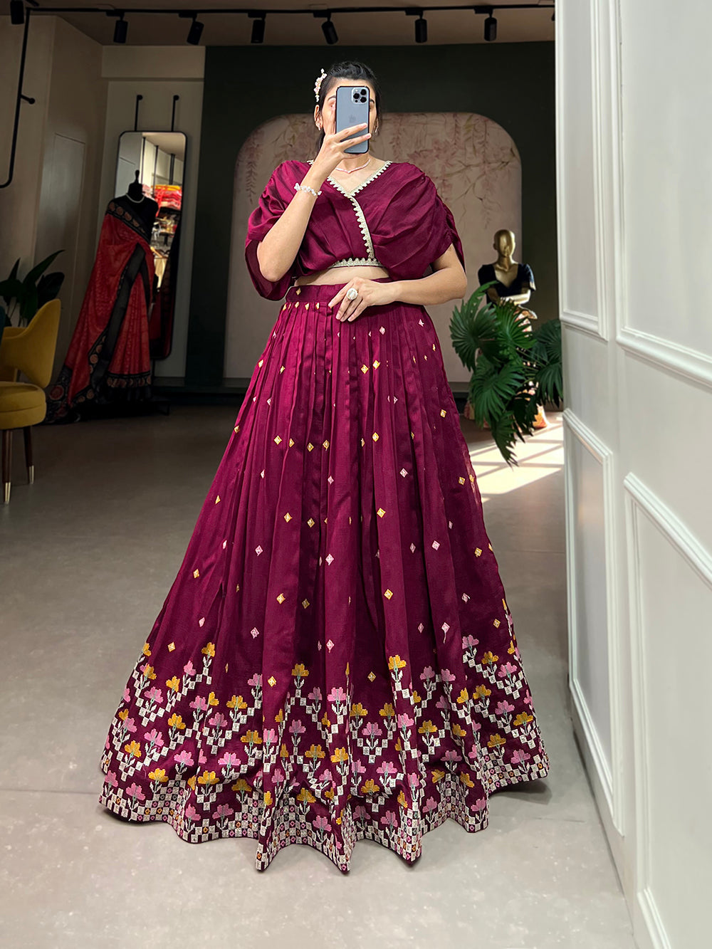 Wine Color Thread Embroidery Work Vichitra Silk Lehenga Choli