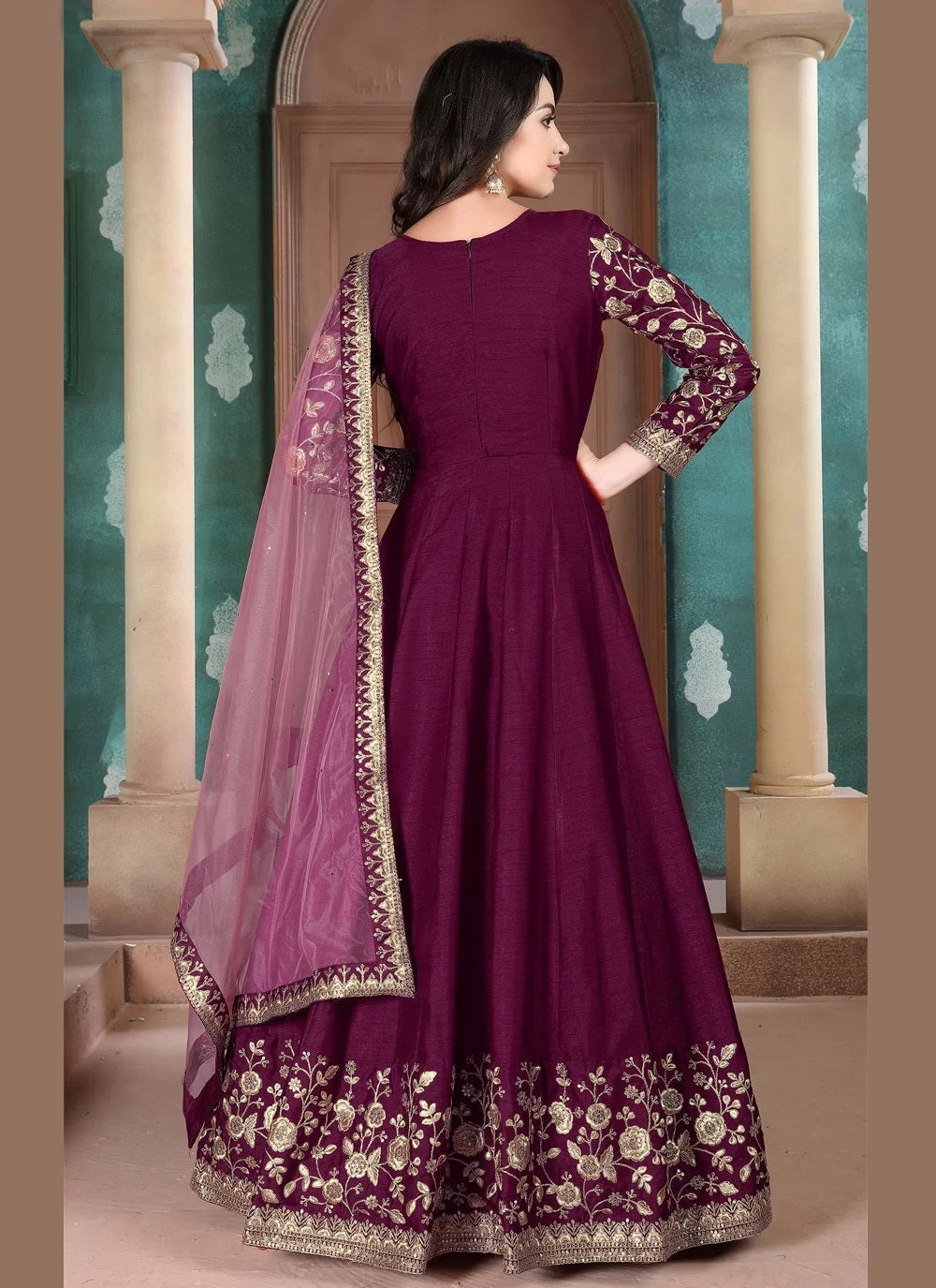 Wine color silk embroidered floor length dress