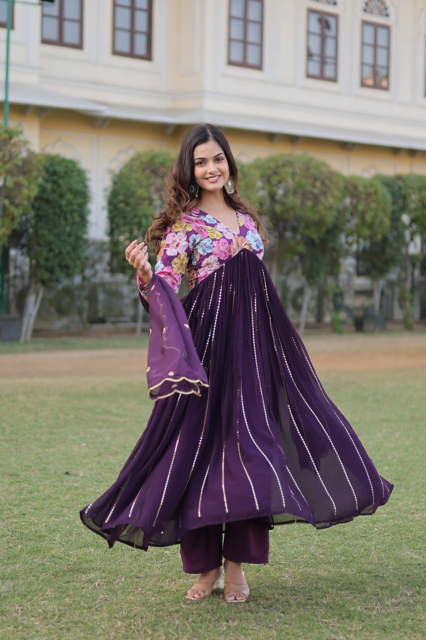 Wine Color Stunning Premium Readymade Alia Cut Kurti, Pant & Dupatta Set in Viscose & Art Silk