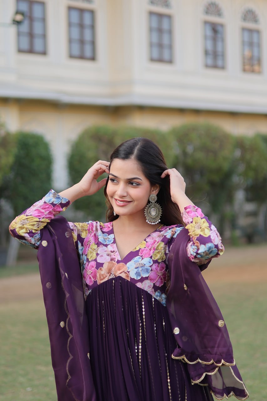 Wine Color Stunning Premium Readymade Alia Cut Kurti, Pant & Dupatta Set in Viscose & Art Silk