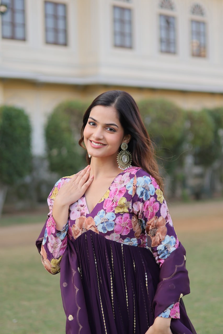 Wine Color Stunning Premium Readymade Alia Cut Kurti, Pant & Dupatta Set in Viscose & Art Silk