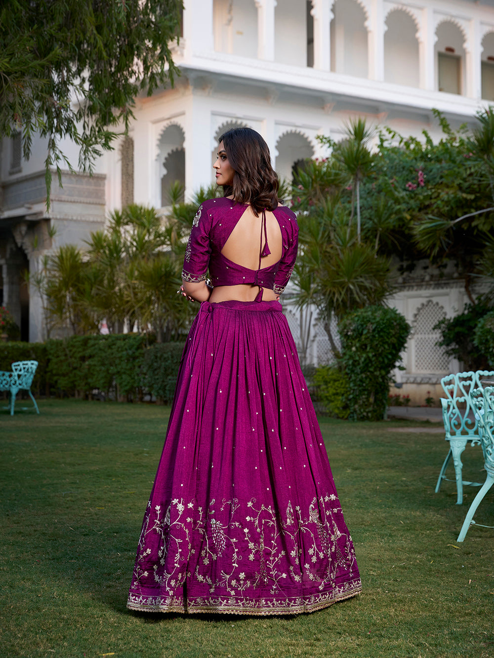 Wine color sequins and thread embroidery work vichitra silk lehenga choli