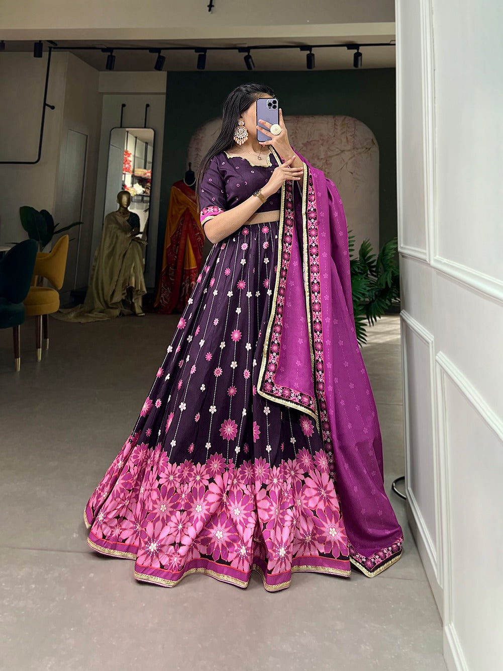 Wine Color Vaishali Silk Printed Lehenga Choli Set with Sequins Lace Border