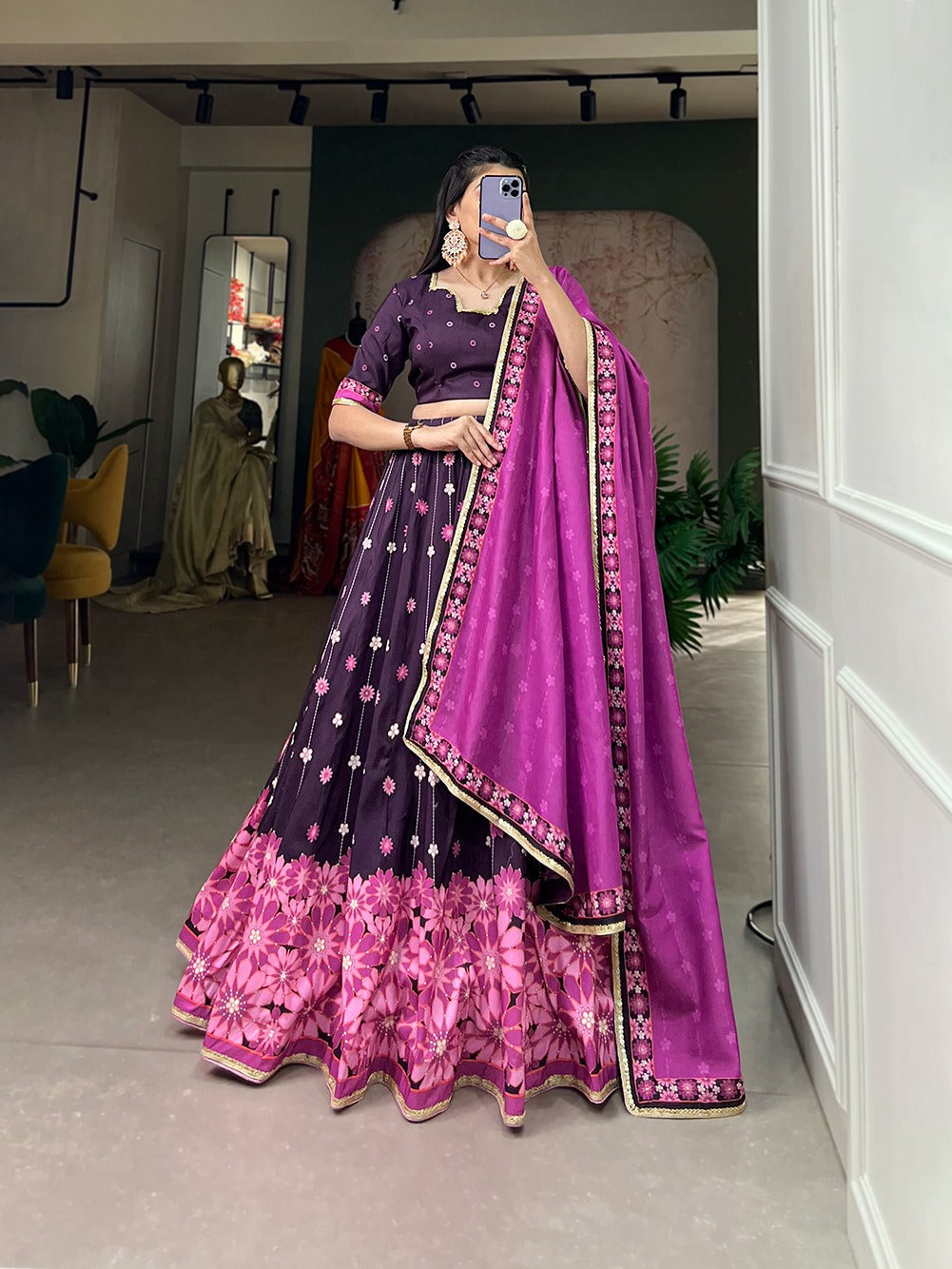 Wine Color Vaishali Silk Printed Lehenga Choli Set with Sequins Lace Border
