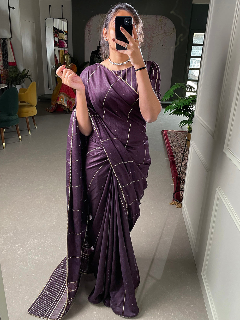 Wine Sequins And Zari Work Viscose Chanderi Saree