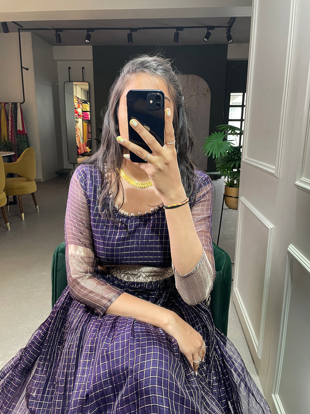 Wine Color Zari Weaving Work Organza Chex Gown