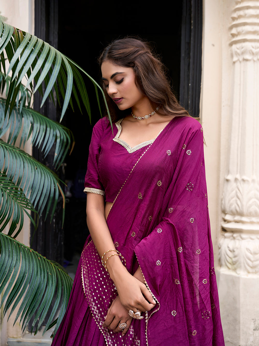 Wine chanderi silk lehenga choli with zari weaving matching dupatta