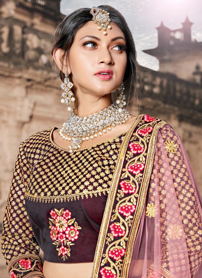 Wine Colored Wedding Wear Silk Lehenga Choli