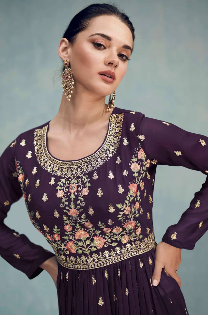 Wine Colour Georgette Embroidered Pakistani Salwar Kameez