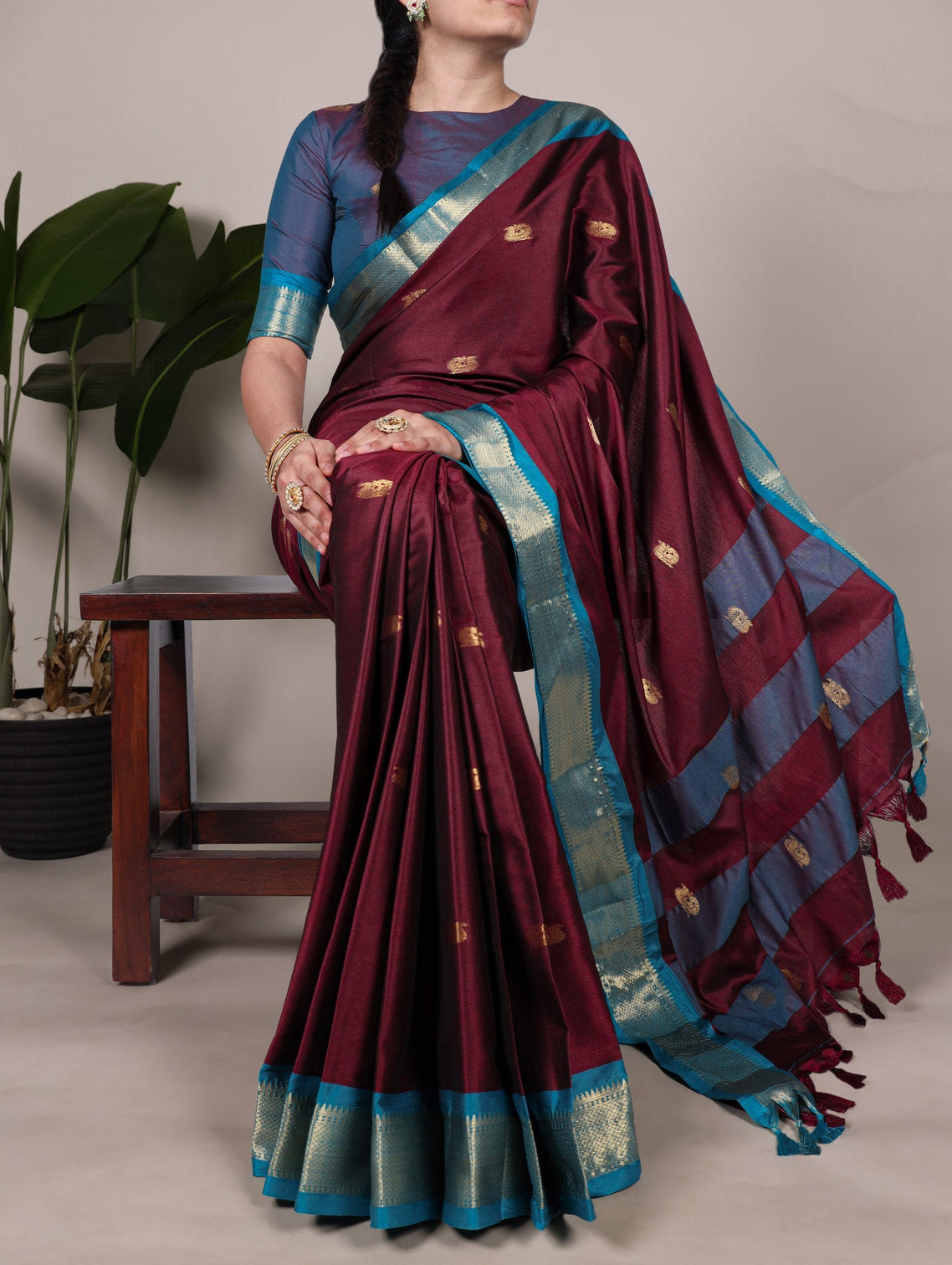 Wine Cotton Silk Saree with Paithani Weaving Work & Matching Blouse