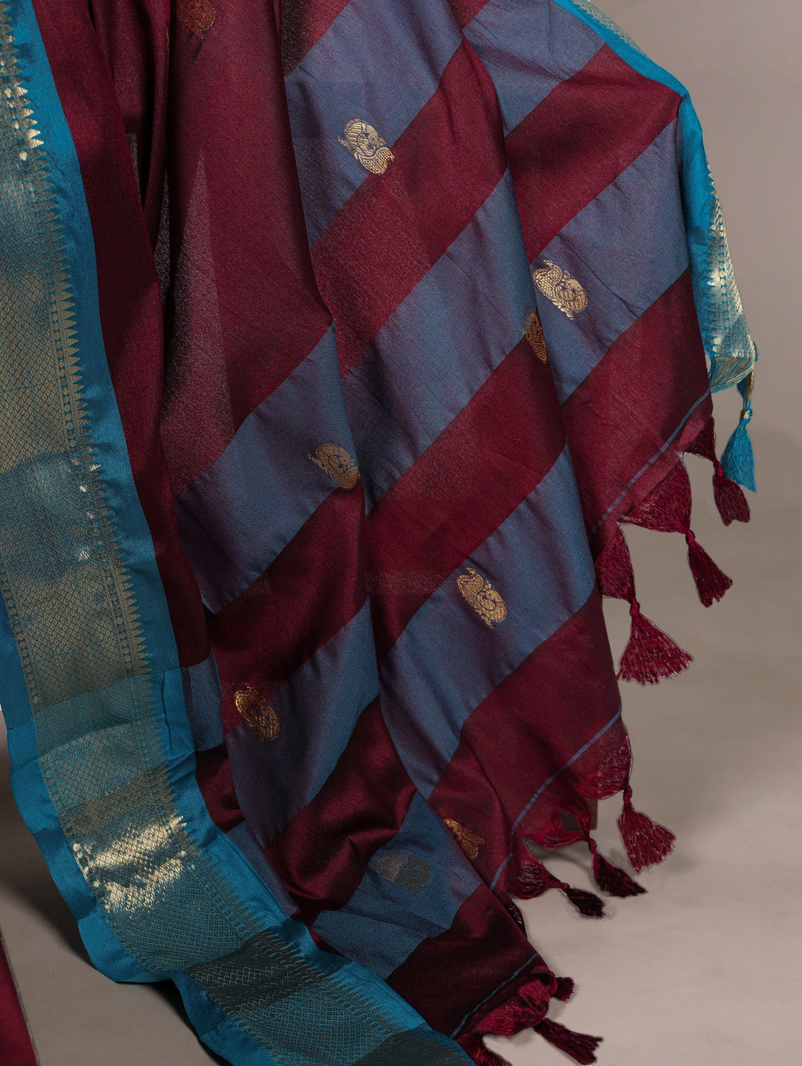 Wine Cotton Silk Saree with Paithani Weaving Work & Matching Blouse