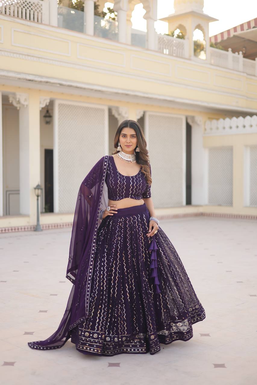 Wine Dazzling Faux Blooming Lehenga Choli with Sequins & Thread Embroidery
