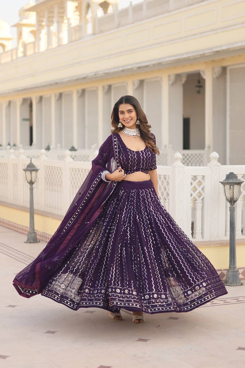 Wine Dazzling Faux Blooming Lehenga Choli with Sequins & Thread Embroidery