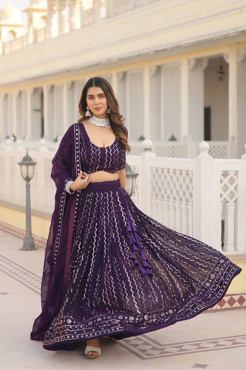 Wine Dazzling Faux Blooming Lehenga Choli with Sequins & Thread Embroidery