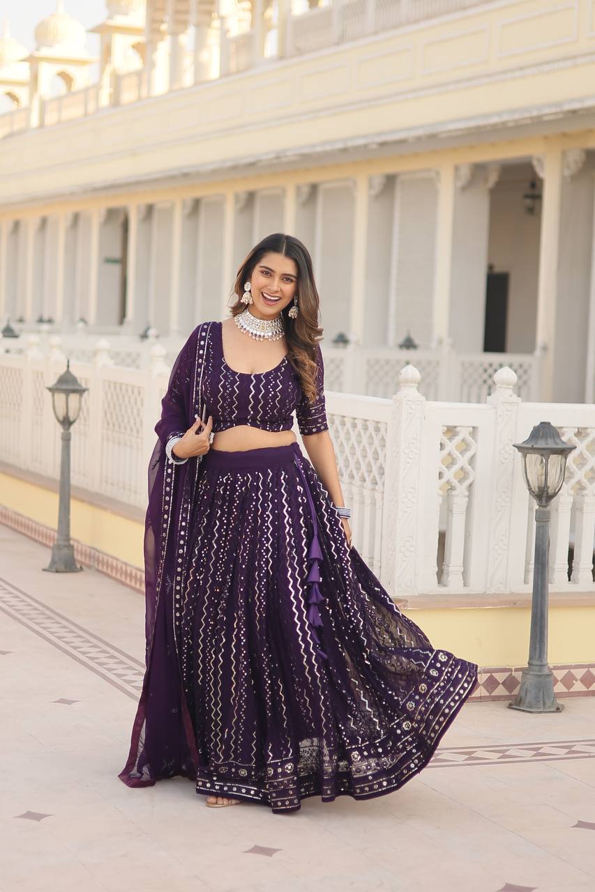 Wine Dazzling Faux Blooming Lehenga Choli with Sequins & Thread Embroidery