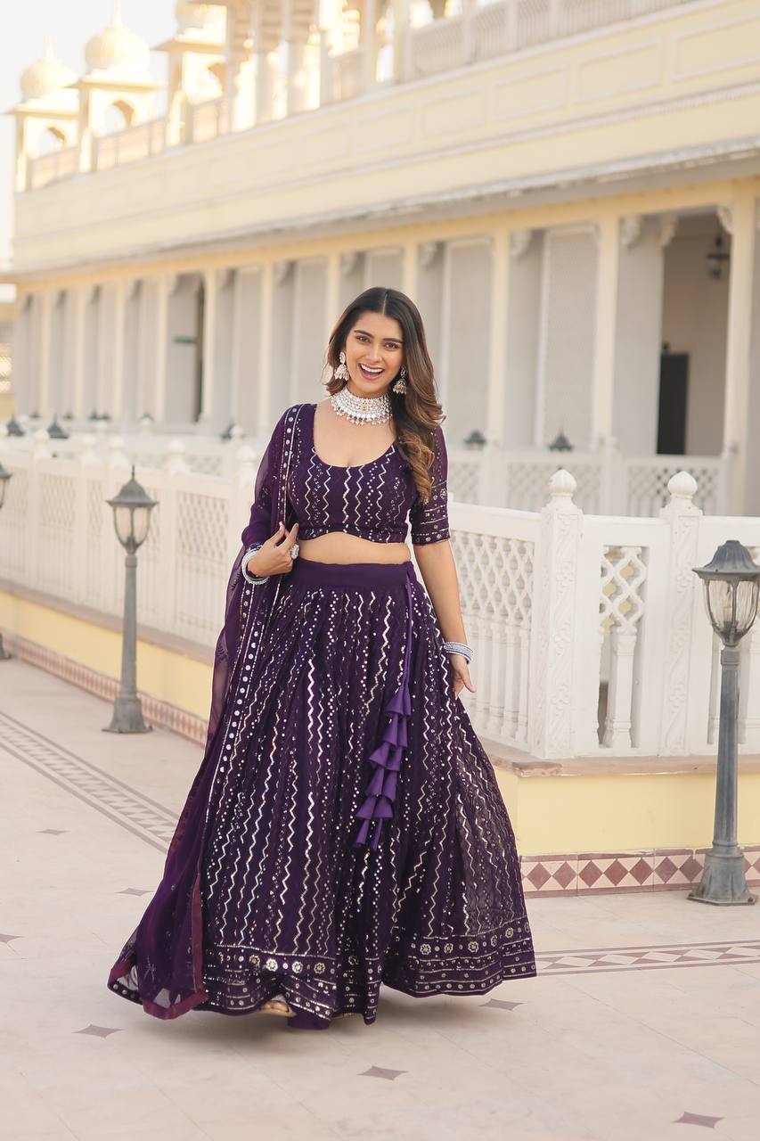 Wine Dazzling Faux Blooming Lehenga Choli with Sequins & Thread Embroidery