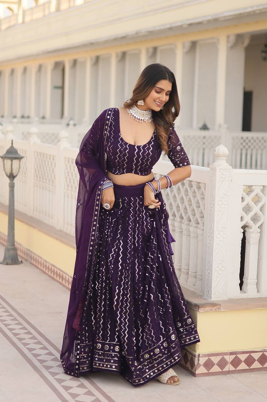 Wine Dazzling Faux Blooming Lehenga Choli with Sequins & Thread Embroidery