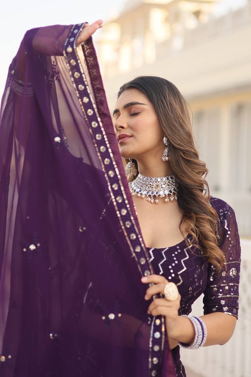 Wine Dazzling Faux Blooming Lehenga Choli with Sequins & Thread Embroidery