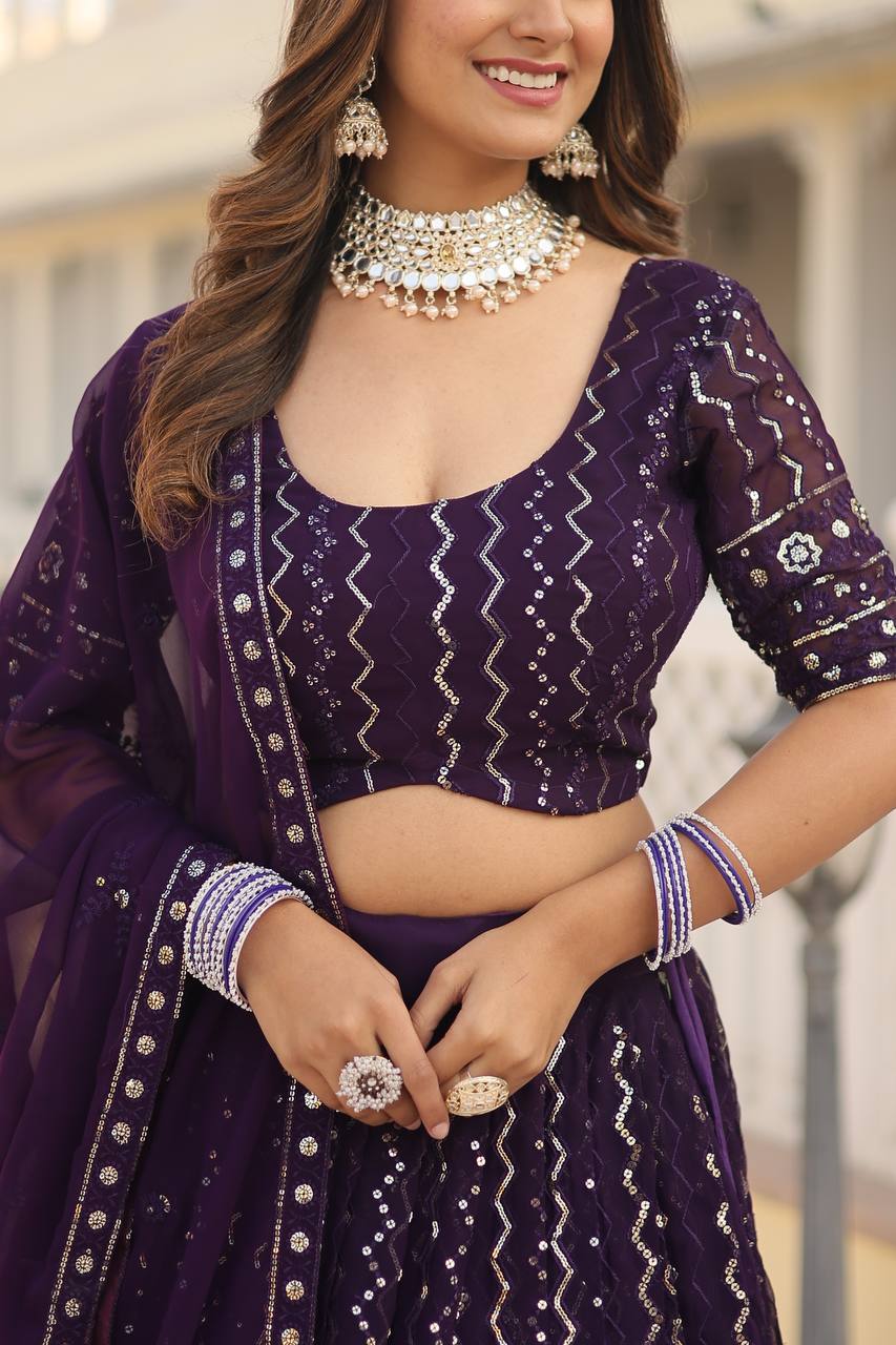 Wine Dazzling Faux Blooming Lehenga Choli with Sequins & Thread Embroidery