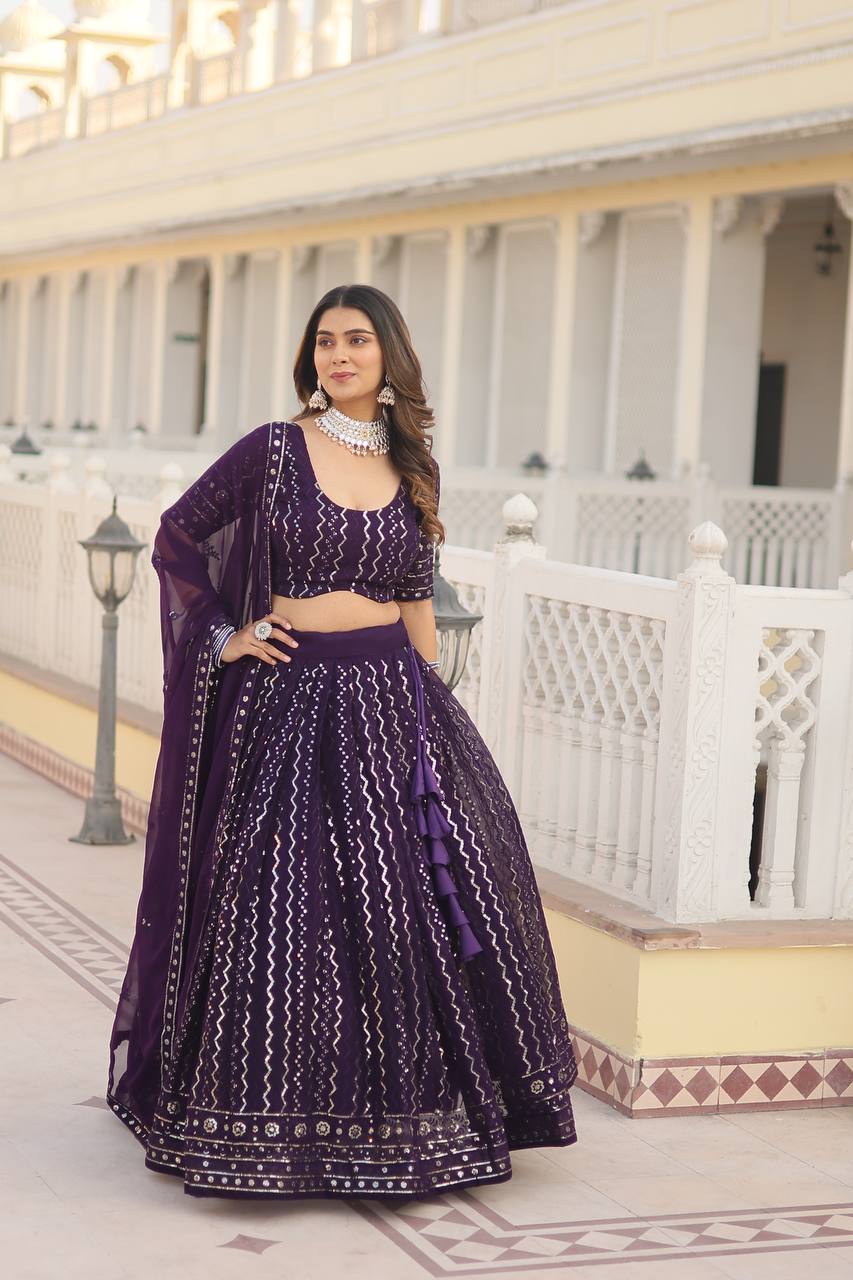 Wine Dazzling Faux Blooming Lehenga Choli with Sequins & Thread Embroidery