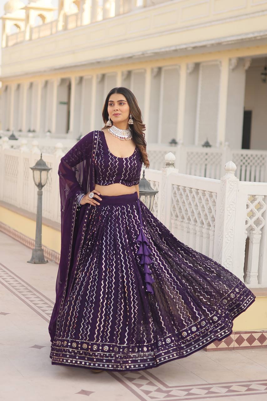 Wine Dazzling Faux Blooming Lehenga Choli with Sequins & Thread Embroidery