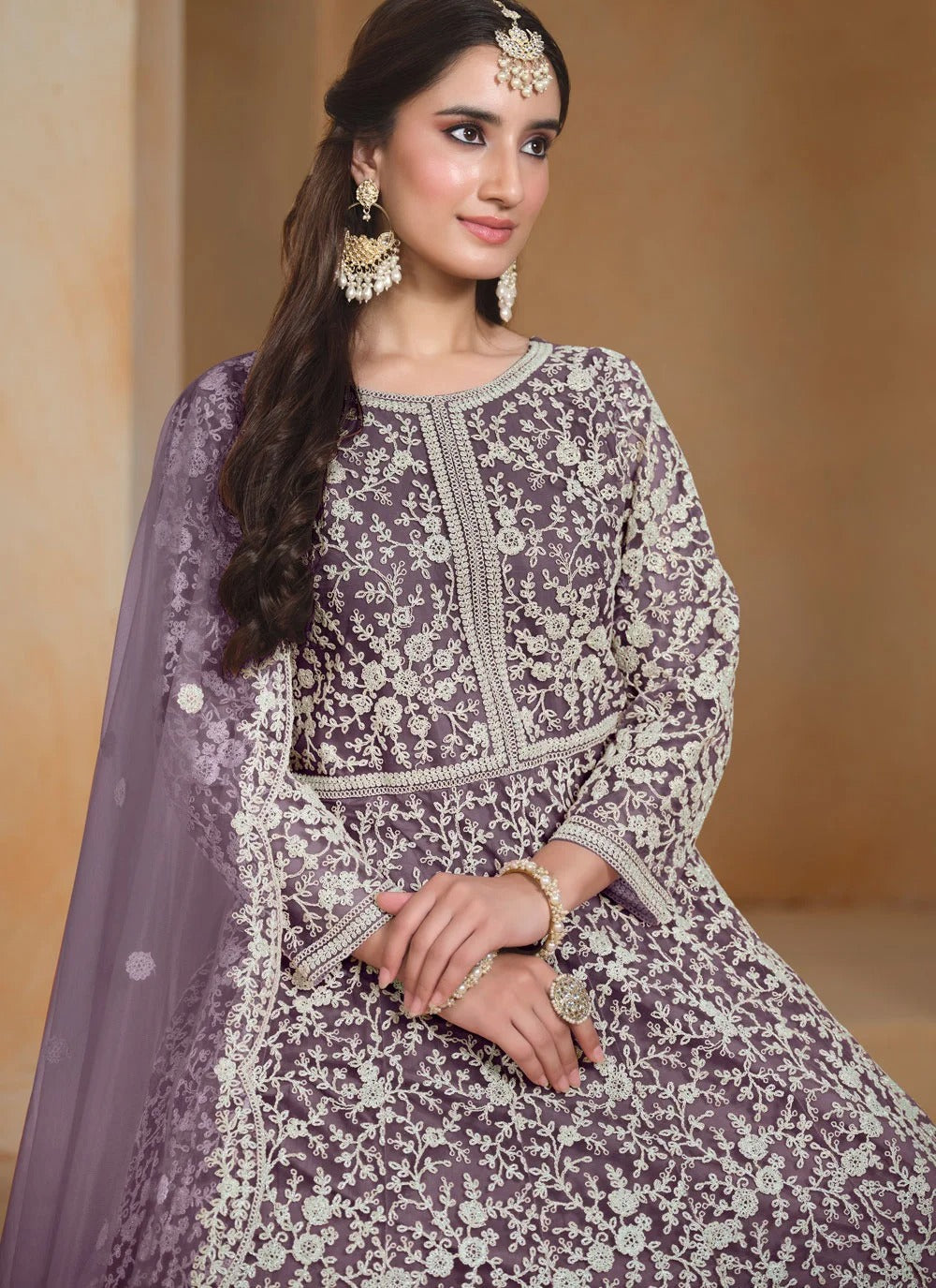 Wine embroidered anarkali suit for wedding festive wear