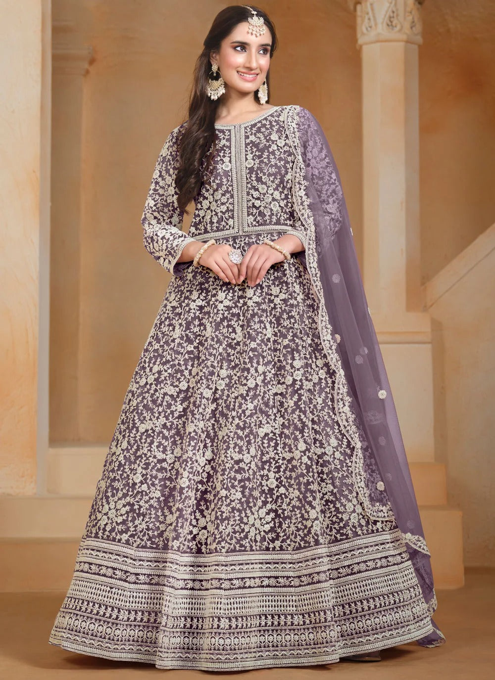 Wine embroidered anarkali suit for wedding festive wear