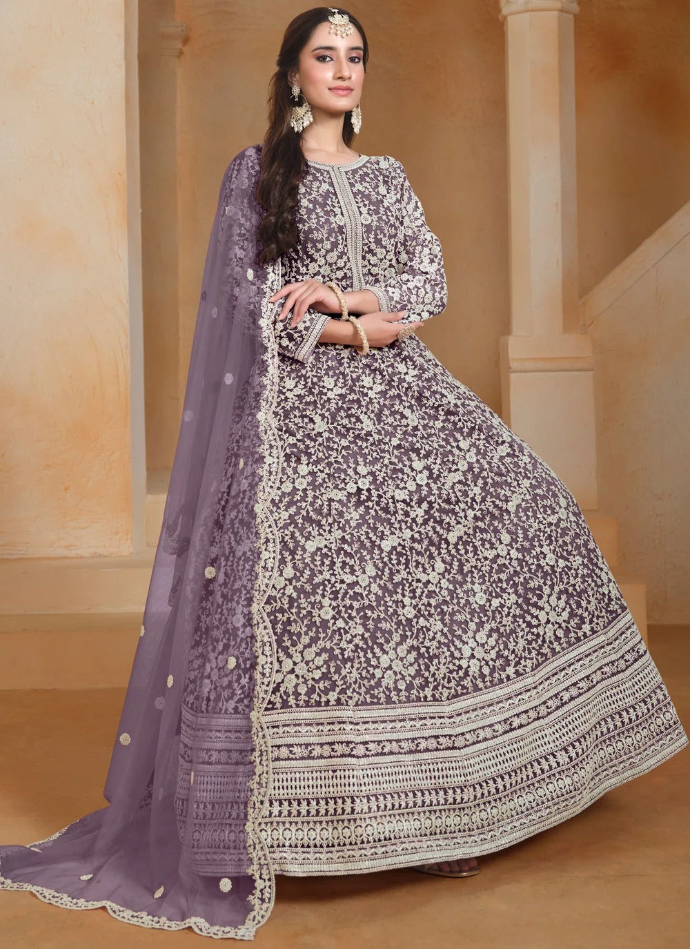 Wine embroidered anarkali suit for wedding festive wear