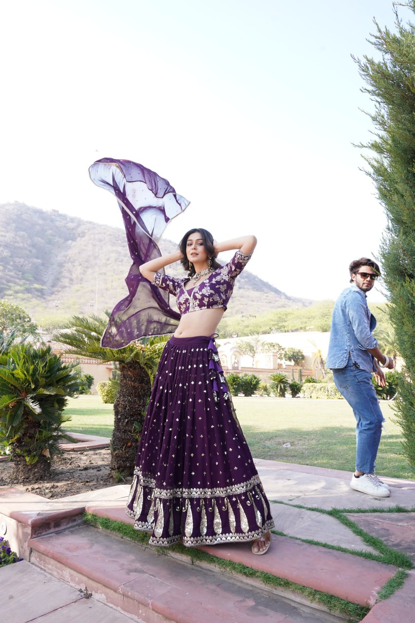 Wine Designer Faux Blooming Lehenga Choli with Shimmering Sequins & Lace