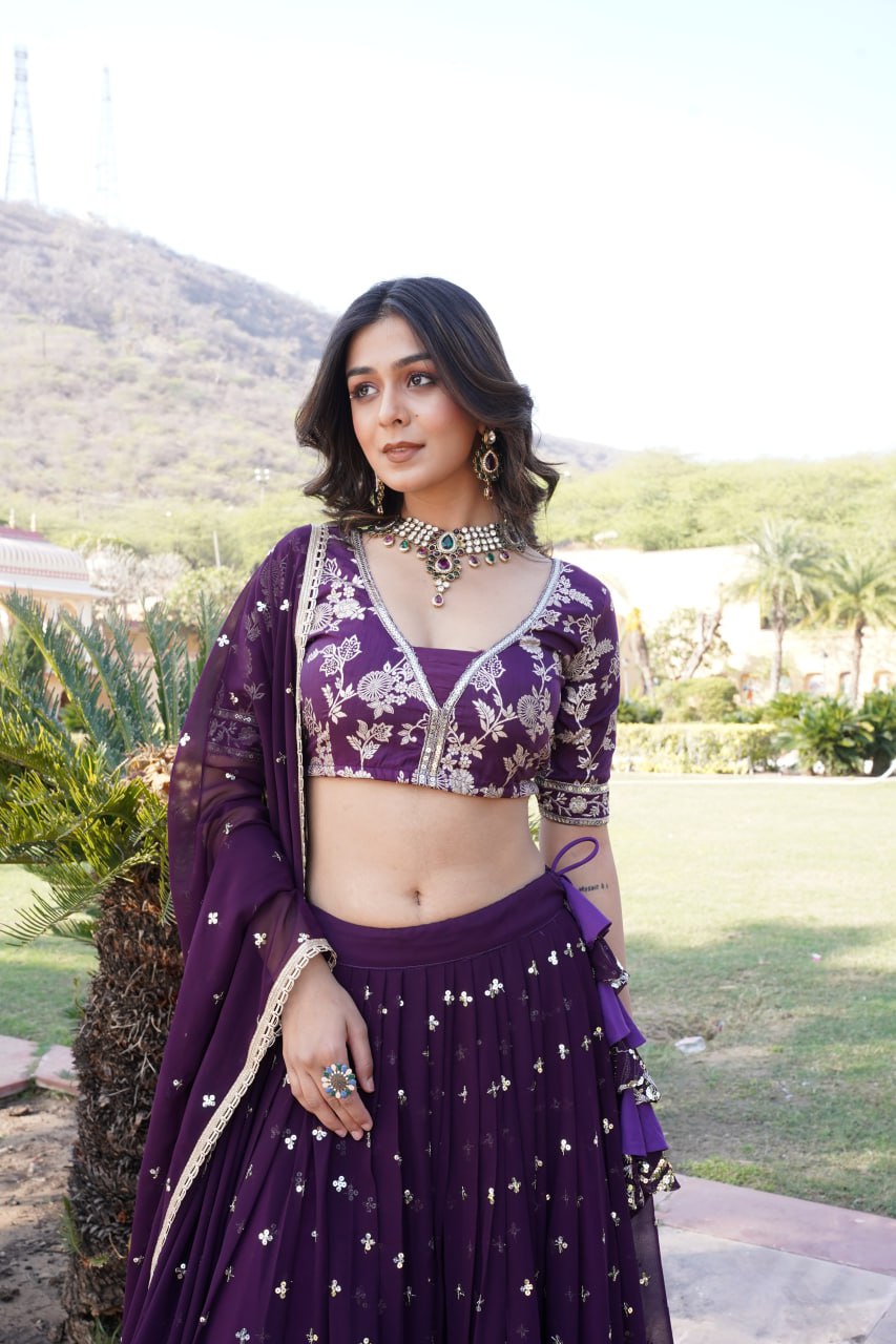 Wine Designer Faux Blooming Lehenga Choli with Shimmering Sequins & Lace