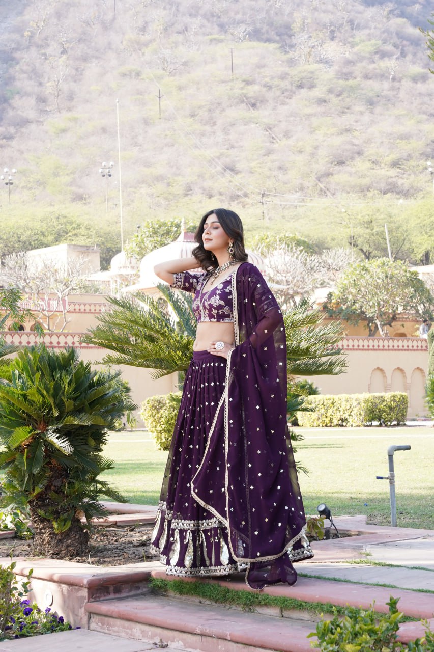 Wine Designer Faux Blooming Lehenga Choli with Shimmering Sequins & Lace