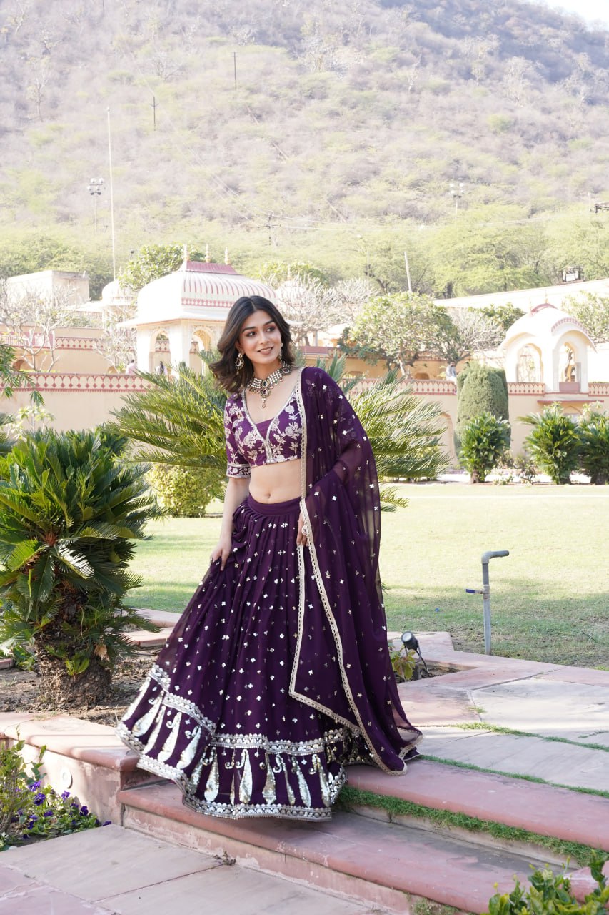 Wine Designer Faux Blooming Lehenga Choli with Shimmering Sequins & Lace