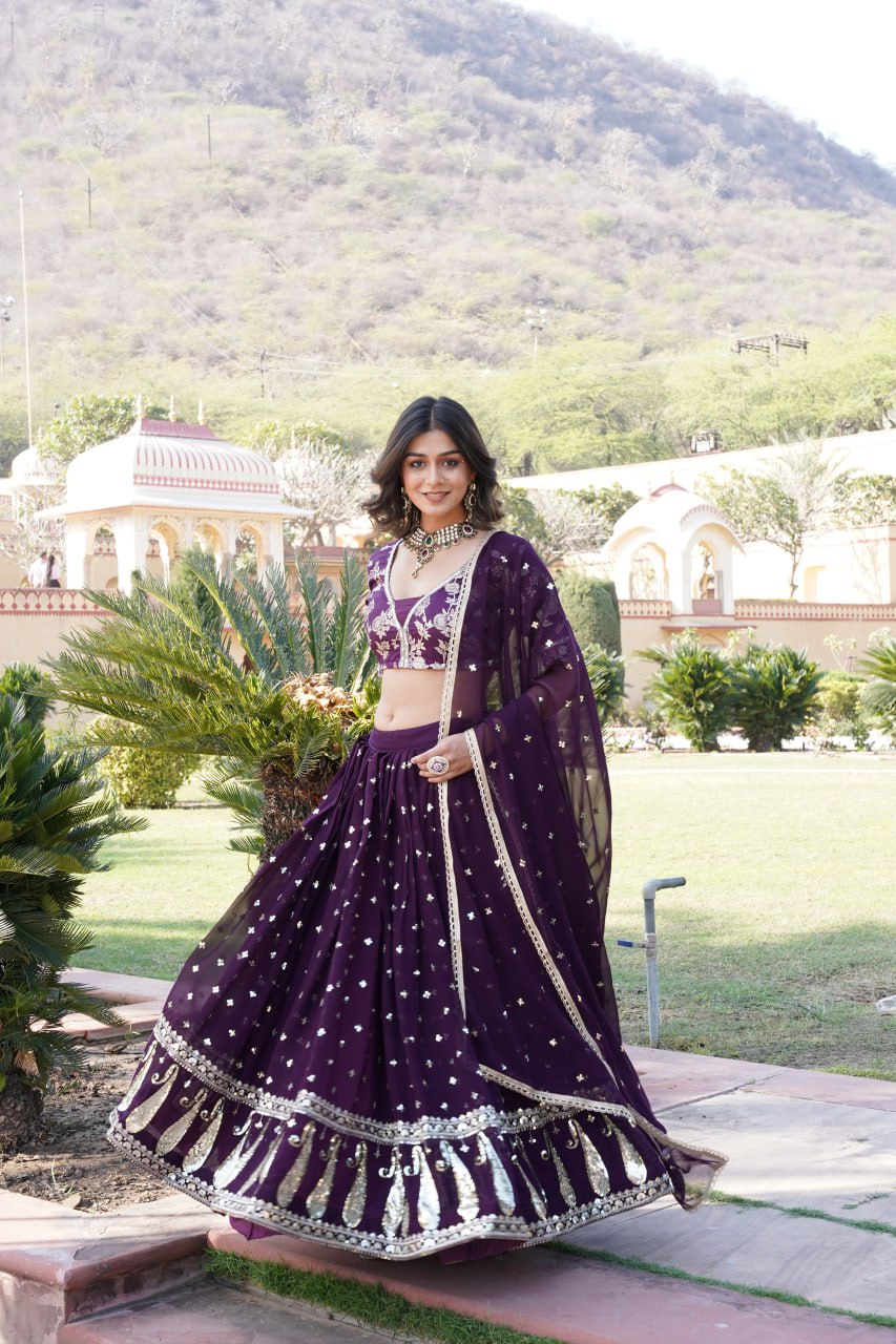 Wine Designer Faux Blooming Lehenga Choli with Shimmering Sequins & Lace