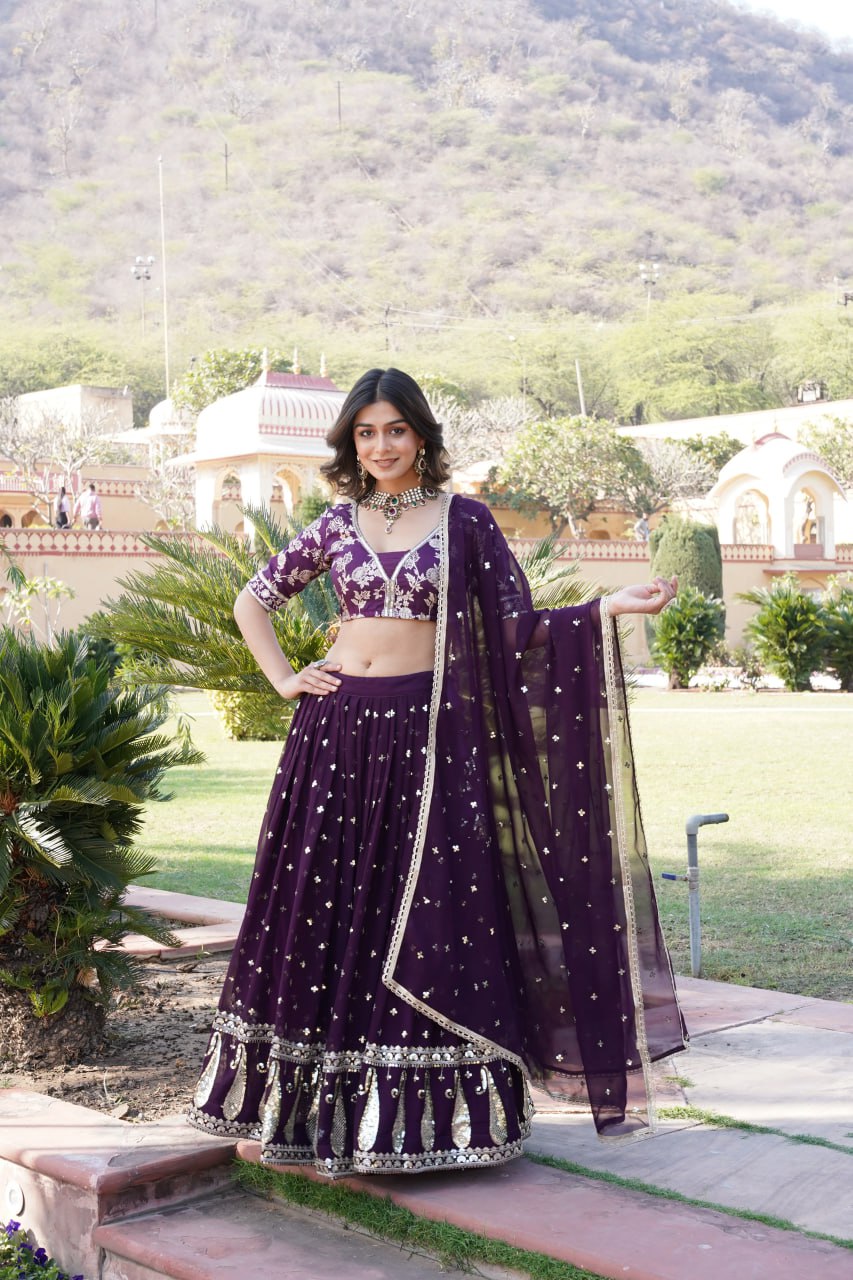 Wine Designer Faux Blooming Lehenga Choli with Shimmering Sequins & Lace