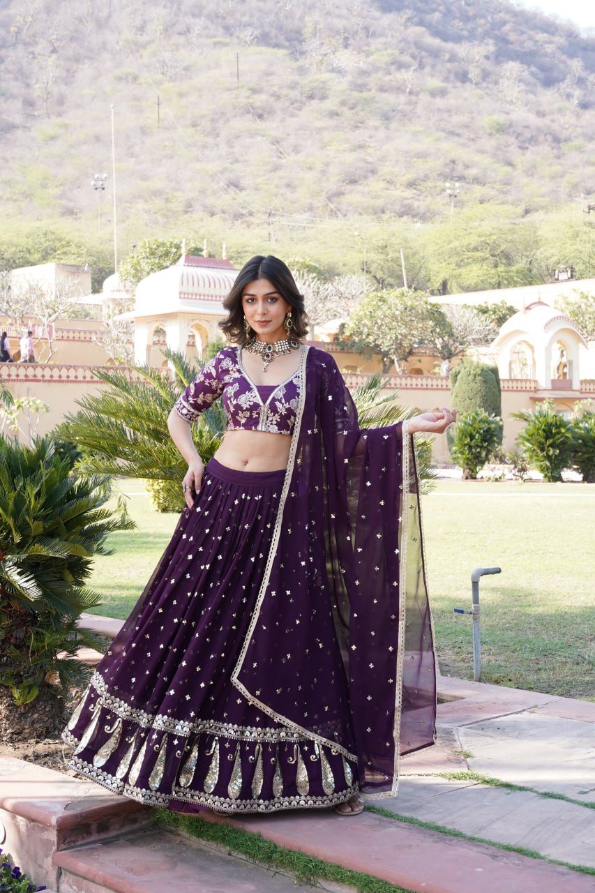 Wine Designer Faux Blooming Lehenga Choli with Shimmering Sequins & Lace