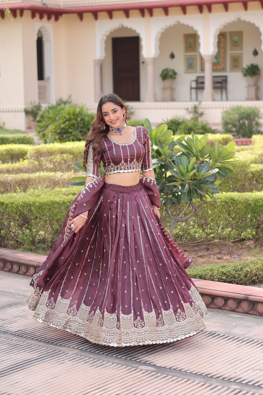 Wine Designer Gold Crush Sequins & Zari Embroidered Lehenga Choli Set with 3-Meter Flair & Lace Border Dupatta – Semi-Stitched Festive & Wedding Wear