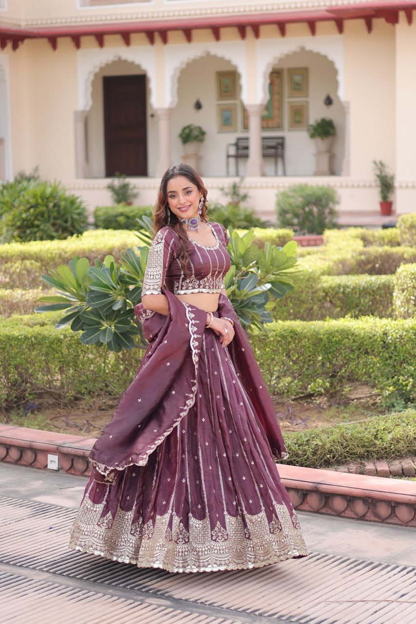 Wine Designer Gold Crush Sequins & Zari Embroidered Lehenga Choli Set with 3-Meter Flair & Lace Border Dupatta – Semi-Stitched Festive & Wedding Wear