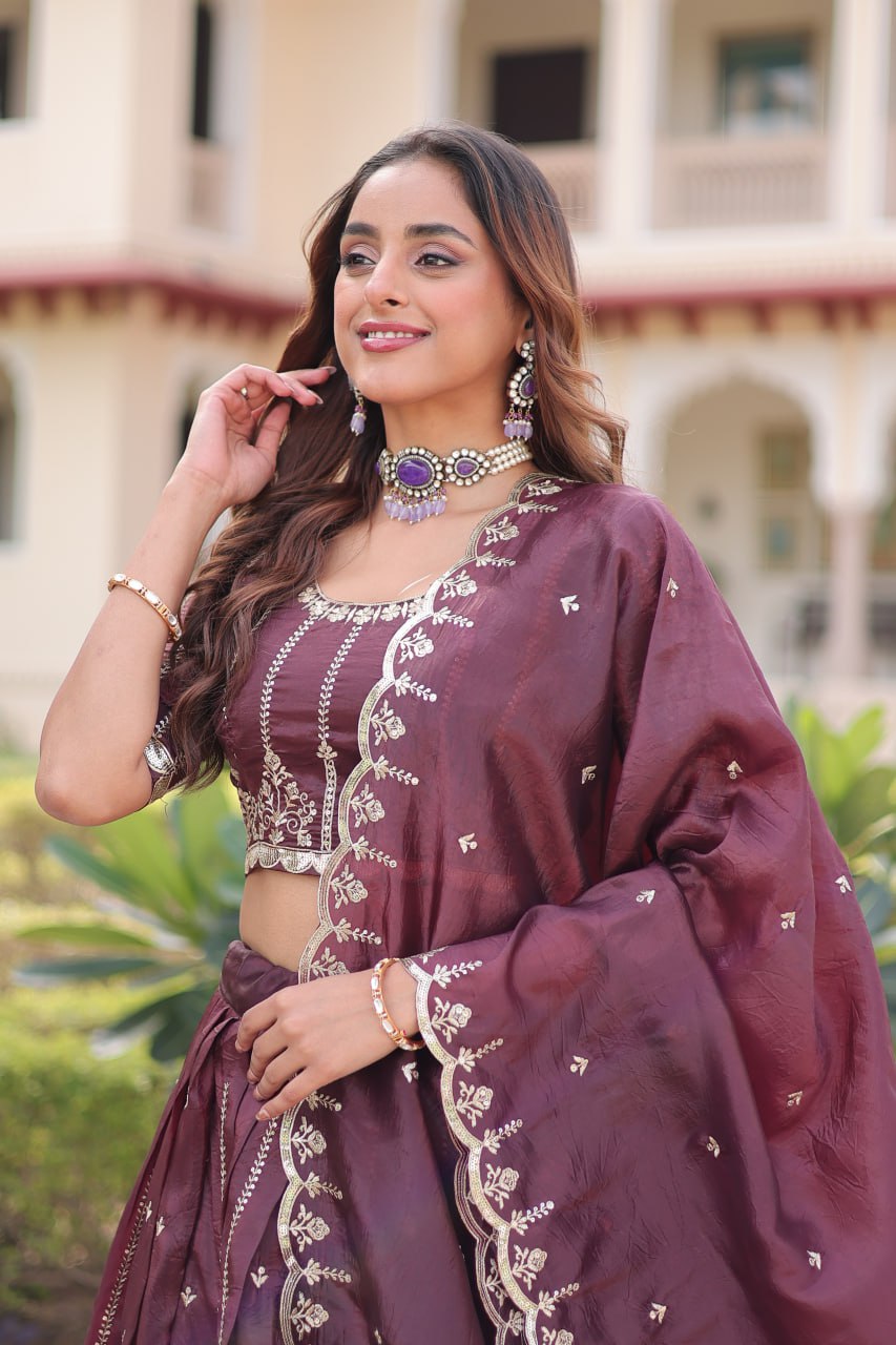 Wine Designer Gold Crush Sequins & Zari Embroidered Lehenga Choli Set with 3-Meter Flair & Lace Border Dupatta – Semi-Stitched Festive & Wedding Wear